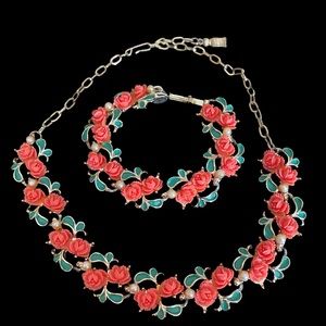 🌴Vintage Celluloid Rose Necklace and Bracelet Combo